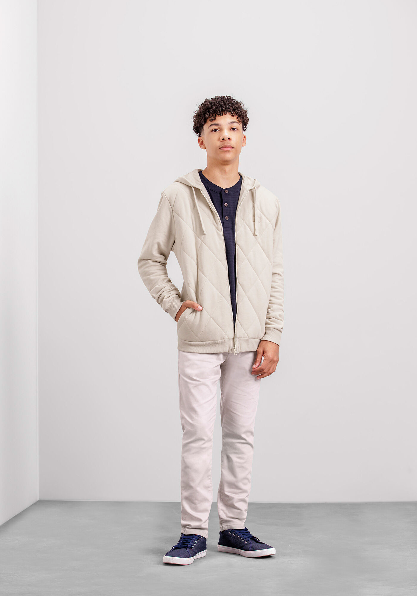 Jaqueta Juvenil em Moletom Matelass&ecirc; com Capuz, BEGE SYSTEM, large.