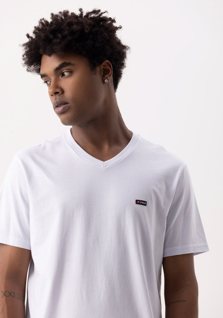 Camiseta De Mangas Curtas Com Gola V Em Meia Malha Penteada, BRANCO. Camiseta De Mangas Curtas Com Gola V Em Meia Malha Penteada, BRANCO, large.