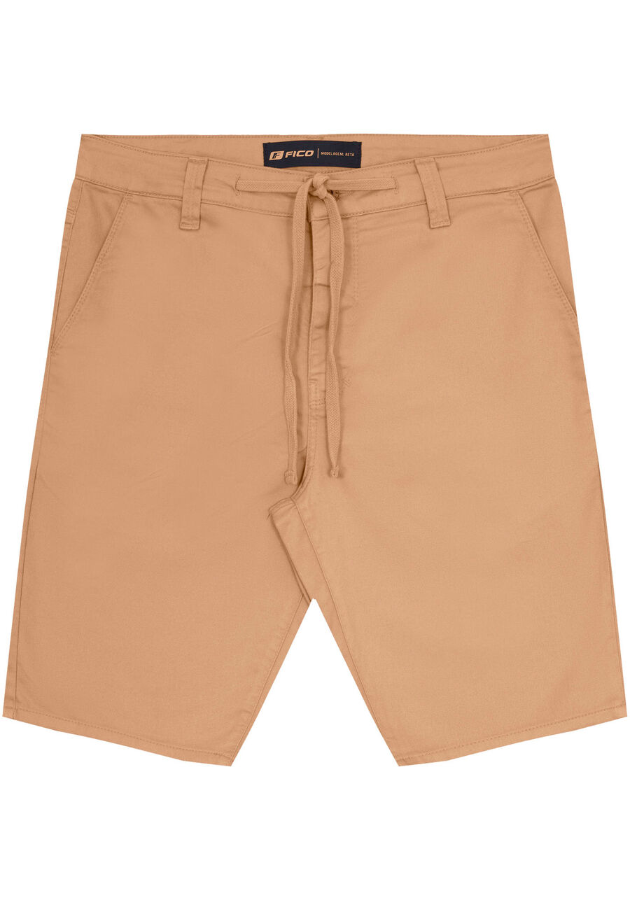 Bermuda Reta Com Cadarço Em Sarja Com Elastano, BEGE TIGER. Bermuda Reta Com Cadarço Em Sarja Com Elastano, BEGE TIGER, large.