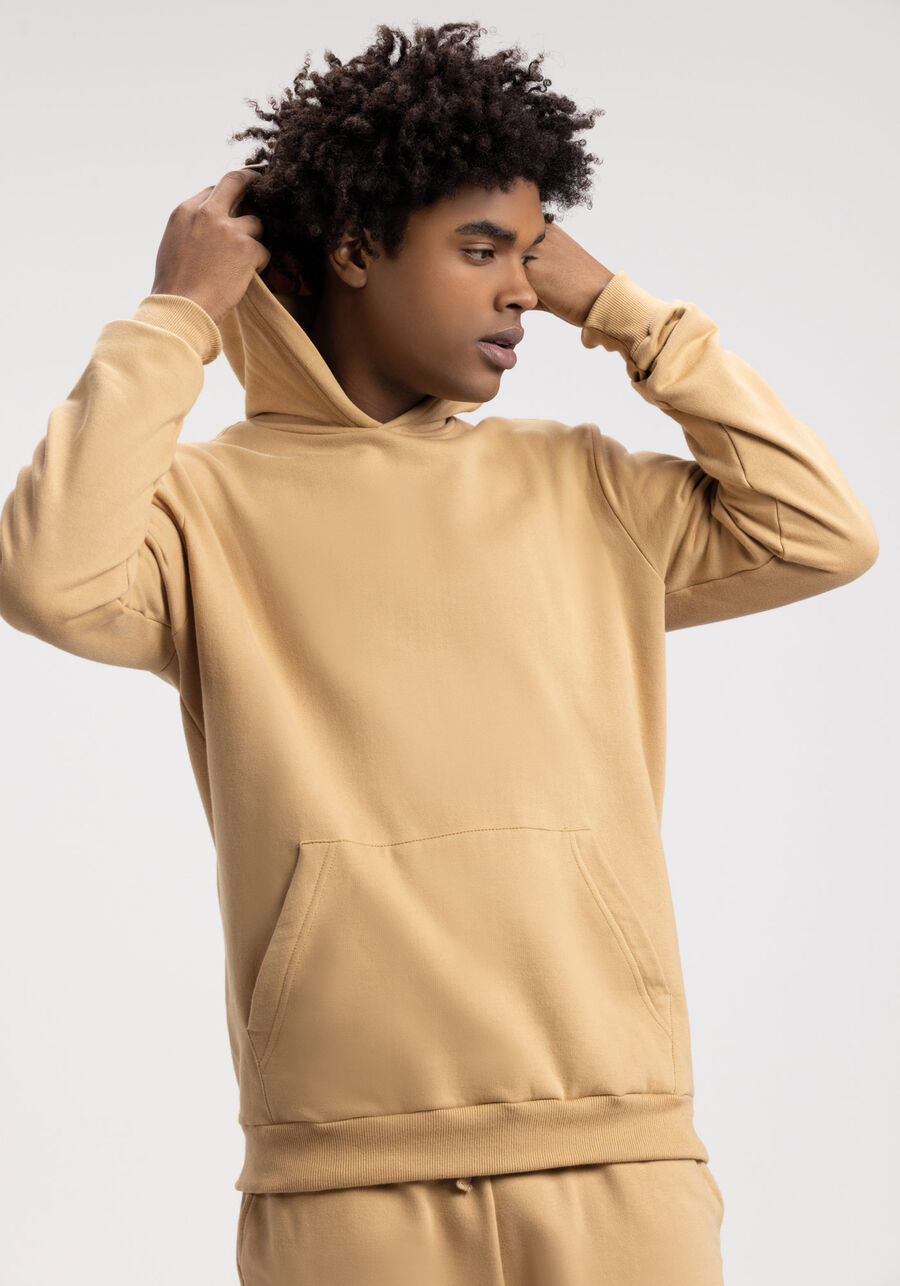 Blusão Básico Com Capuz Em Moletom Felpado De Algodão, BEGE TIGER. Blusão Básico Com Capuz Em Moletom Felpado De Algodão, BEGE TIGER, large.