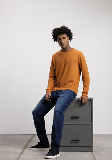 Camiseta Listrada De Mangas Longas Em Malha Texturizada, LARANJA ADVENTURE. Camiseta Listrada De Mangas Longas Em Malha Texturizada, LARANJA ADVENTURE, large.