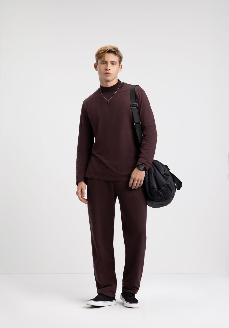 Camiseta De Manga Longa Com Gola Alta Em Meia Malha Penteada, MARROM EGGPLANT. Camiseta De Manga Longa Com Gola Alta Em Meia Malha Penteada, MARROM EGGPLANT, large.