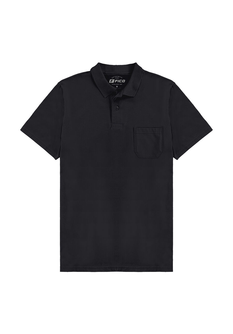 Camisa Polo Com Mangas Curtas E Bolso Em Meia Malha Penteada, PRETO REATIVO. Camisa Polo Com Mangas Curtas E Bolso Em Meia Malha Penteada, PRETO REATIVO, large.