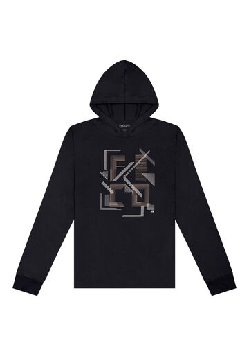 Camiseta De Mangas Longas Com Capuz Em Meia Malha Peletizada, PRETO. Camiseta De Mangas Longas Com Capuz Em Meia Malha Peletizada, PRETO, large.