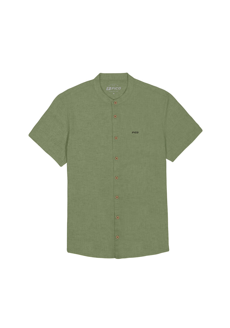Camisa Manga Curta Masculina em Linho com Gola Padre, VERDE CORAL. Camisa Manga Curta Masculina em Linho com Gola Padre, VERDE CORAL, large.