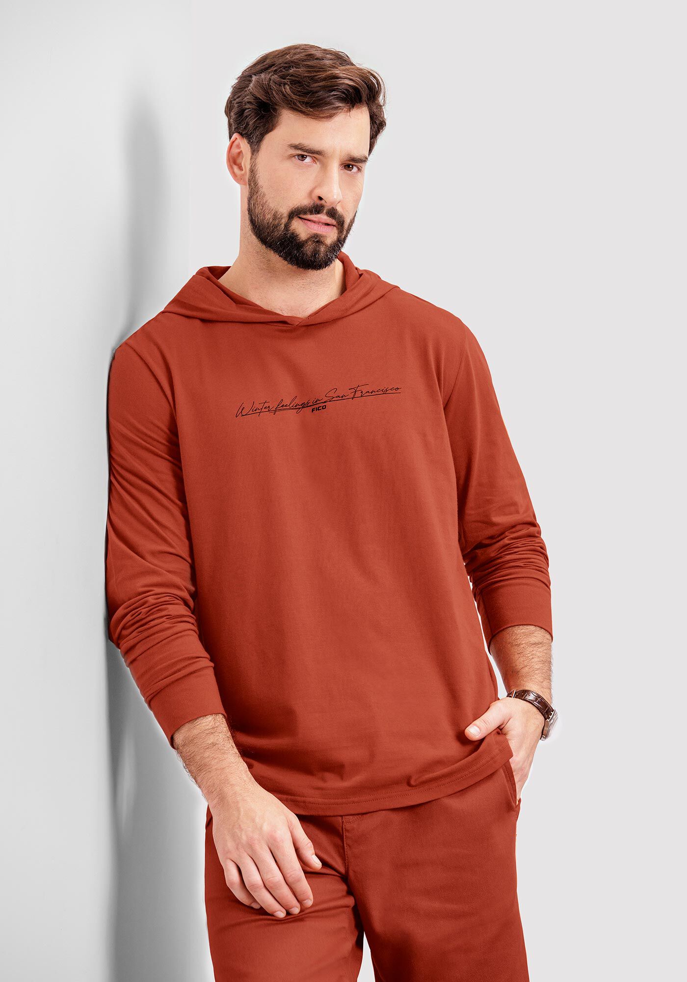 Camiseta Manga Longa Masculina com Capuz, LARANJA FERRUGEM, large.