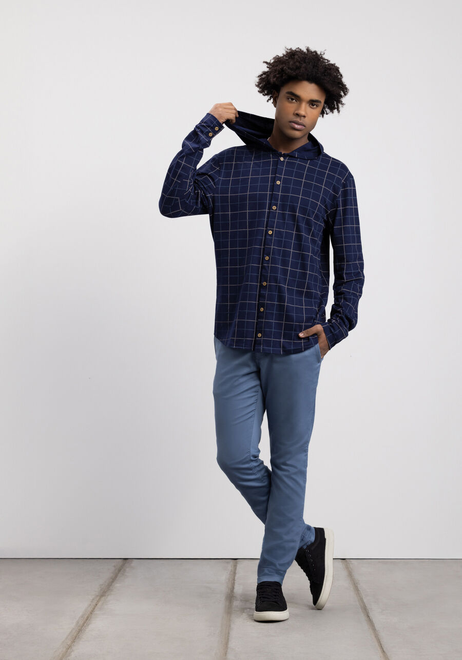 Camisa Xadrez Com Capuz Em Meia Malha Penteada De Algodão, XADREZ MARINHO. Camisa Xadrez Com Capuz Em Meia Malha Penteada De Algodão, XADREZ MARINHO, large.