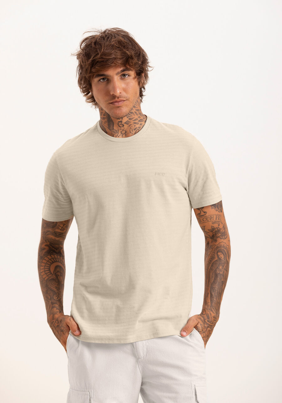 Camiseta Com Gola Redonda Em Malha Texturizada De Algodão, BEGE SYSTEM. Camiseta Com Gola Redonda Em Malha Texturizada De Algodão, BEGE SYSTEM, large.
