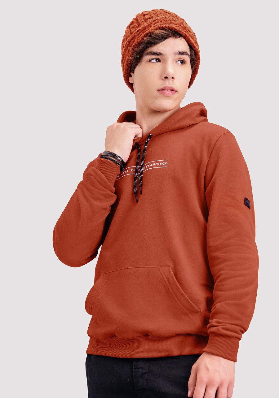Blusão Juvenil em Moletom com Cadarço no Capuz, LARANJA FERRUGEM. Blusão Juvenil em Moletom com Cadarço no Capuz, LARANJA FERRUGEM, large.