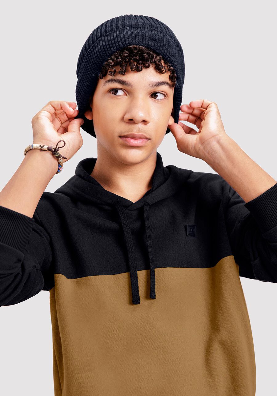 Blusão Juvenil em Moletom Bicolor com Capuz, PRETO REATIVO. Blusão Juvenil em Moletom Bicolor com Capuz, PRETO REATIVO, large.