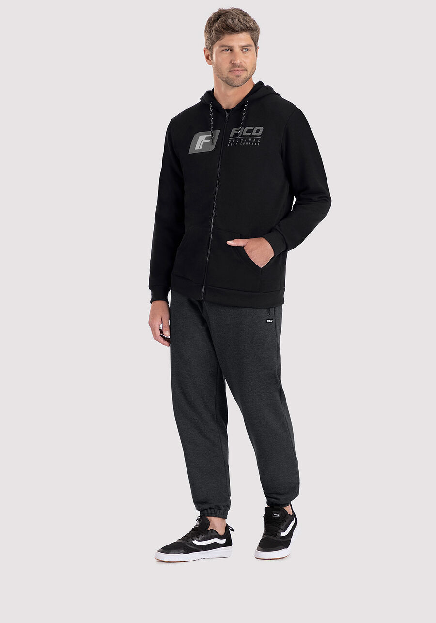 Jaqueta Masculina em Moletom Estampada com Capuz, PRETO REATIVO. Jaqueta Masculina em Moletom Estampada com Capuz, PRETO REATIVO, large.