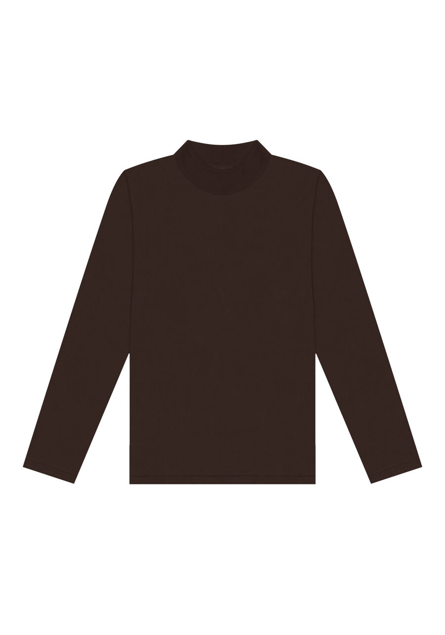 Camiseta De Manga Longa Com Gola Alta Em Meia Malha Penteada, MARROM EGGPLANT. Camiseta De Manga Longa Com Gola Alta Em Meia Malha Penteada, MARROM EGGPLANT, large.