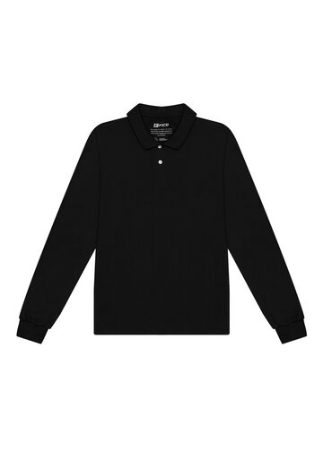 Camisa Polo De Manga Longa Em Meia Malha Penteada De Algodão, PRETO REATIVO. Camisa Polo De Manga Longa Em Meia Malha Penteada De Algodão, PRETO REATIVO, large.
