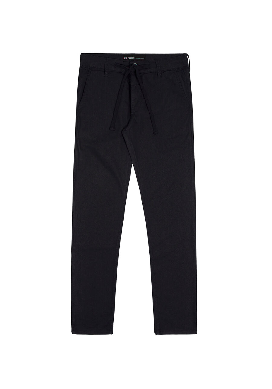 Calça Skinny Com Bolsos E Cadarço Em Sarja Com Elastano, PRETO REATIVO. Calça Skinny Com Bolsos E Cadarço Em Sarja Com Elastano, PRETO REATIVO, large.