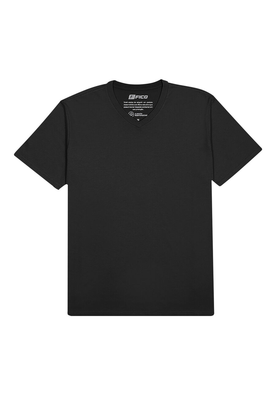 Camiseta Básica Com Gola V Em Meia Malha Penteada De Algodão, PRETO REATIVO. Camiseta Básica Com Gola V Em Meia Malha Penteada De Algodão, PRETO REATIVO, large.