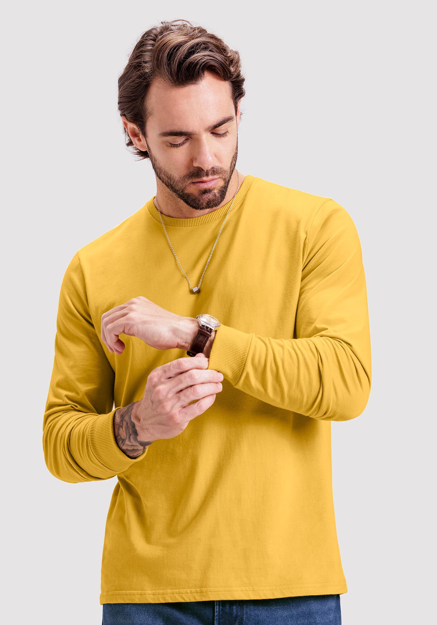 Camiseta De Mangas Longas B&aacute;sica Em Meia Malha De Algod&atilde;o, AMARELO MOSTAZA, large.