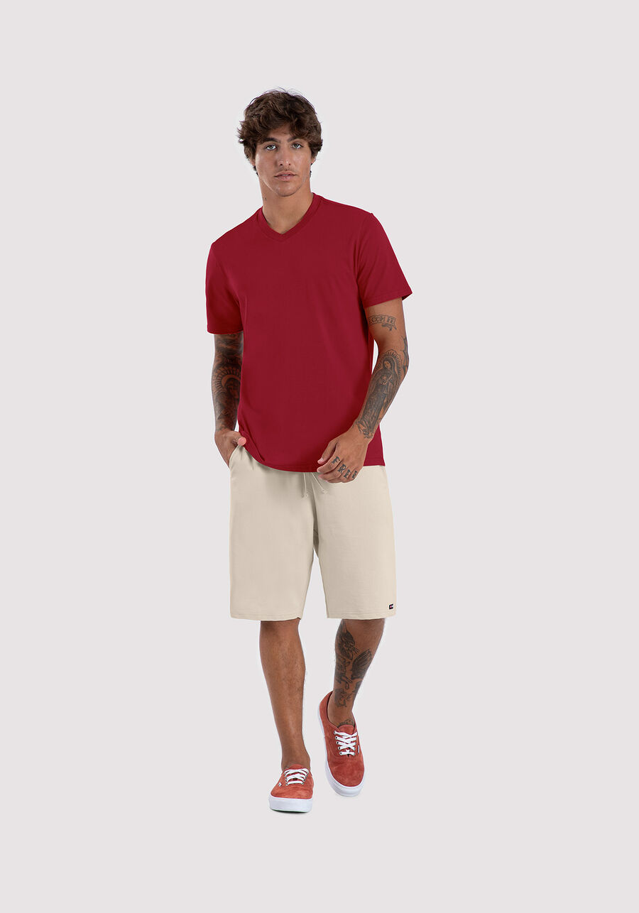 Camiseta Básica Com Gola V Em Meia Malha Penteada De Algodão, LARANJA FERRUGEM. Camiseta Básica Com Gola V Em Meia Malha Penteada De Algodão, LARANJA FERRUGEM, large.