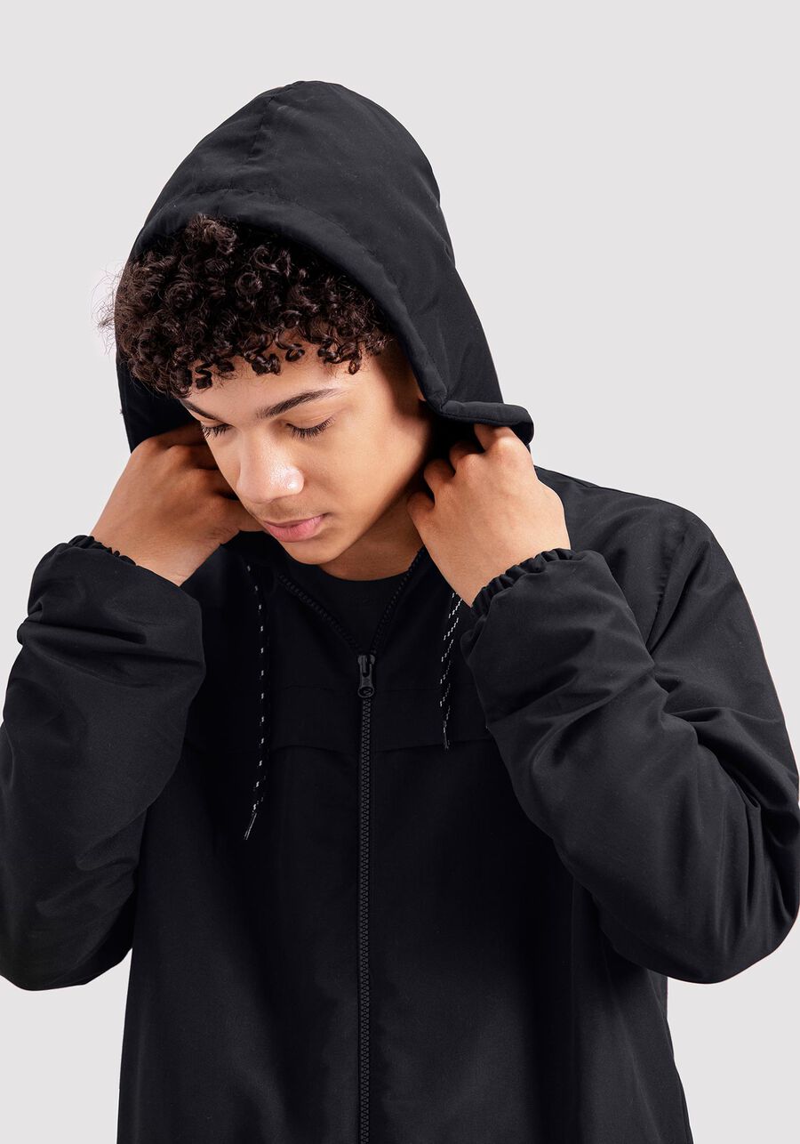 Jaqueta Juvenil Com Capuz E Bolsos Em Tecido Politel, PRETO REATIVO. Jaqueta Juvenil Com Capuz E Bolsos Em Tecido Politel, PRETO REATIVO, large.