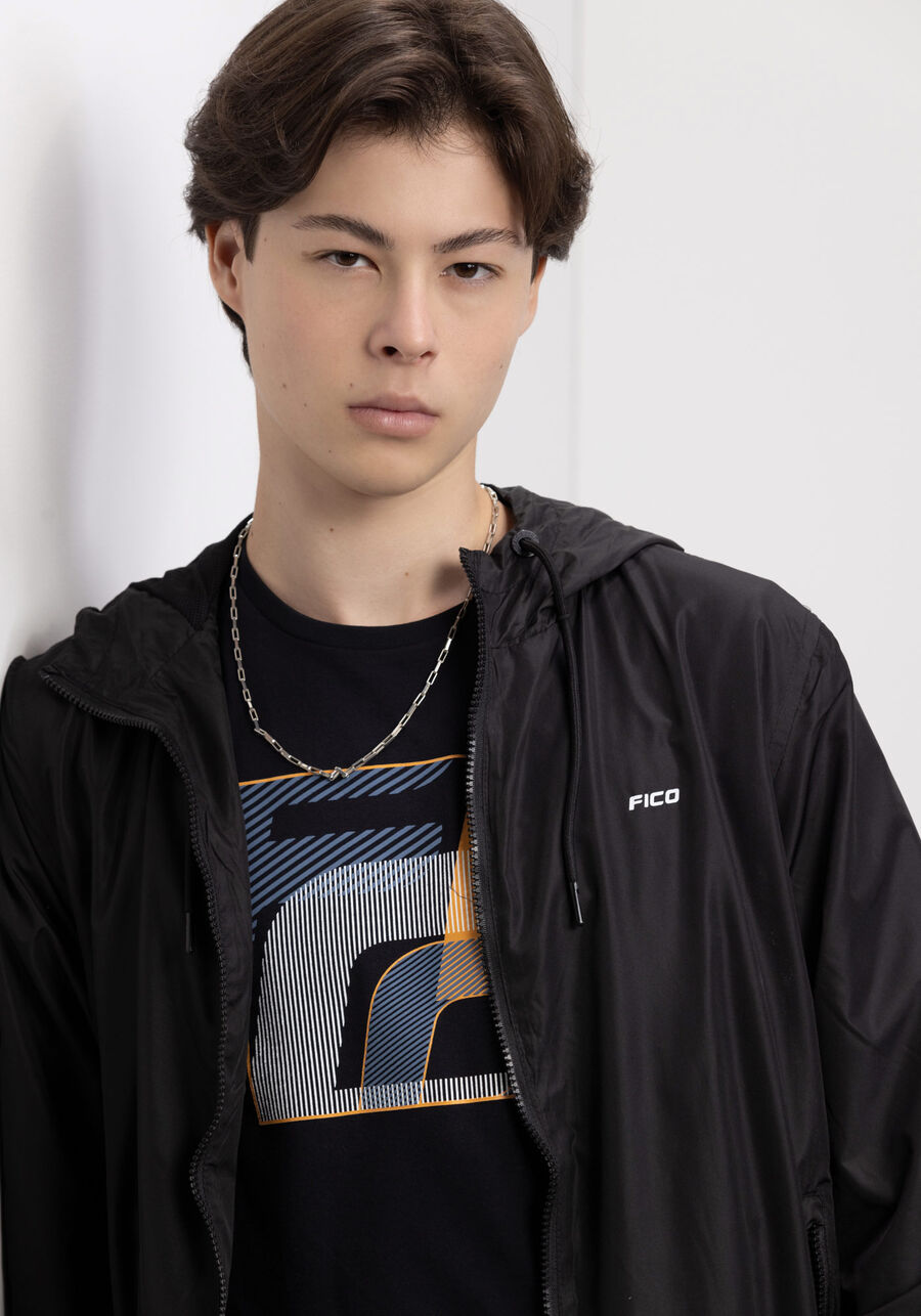 Jaqueta Juvenil Básica Com Capuz E Zíper, PRETO REATIVO. Jaqueta Juvenil Básica Com Capuz E Zíper, PRETO REATIVO, large.