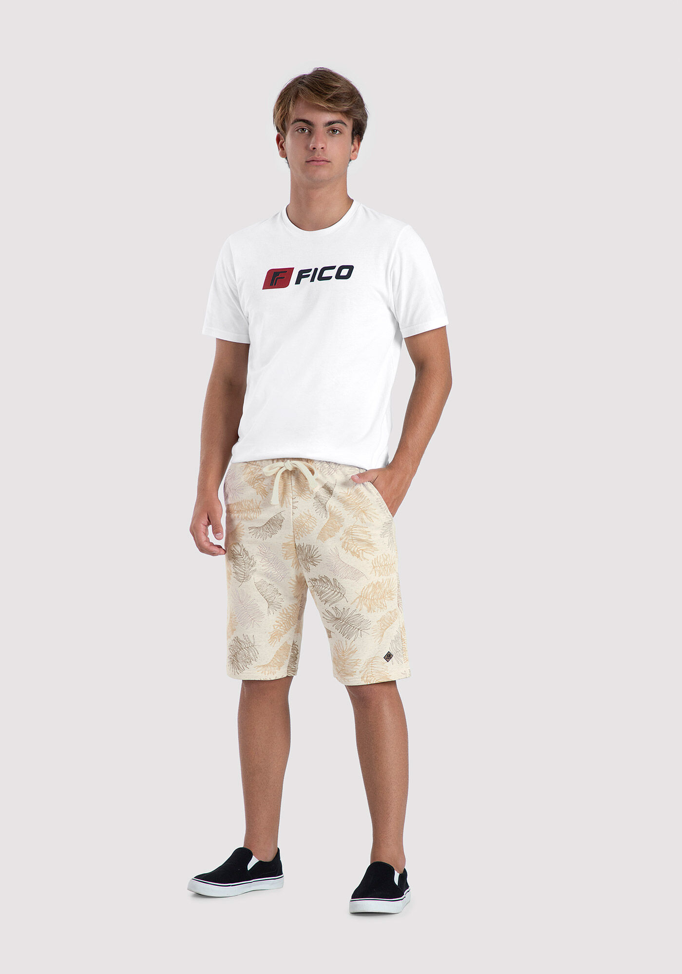 Bermuda Juvenil em Moletom Linen Estampada, FOLHAGEM OFF, large.