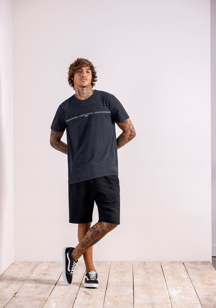 Camiseta Masculina em Malha Mesclada com Detalhe Estampa, PRETO REATIVO. Camiseta Masculina em Malha Mesclada com Detalhe Estampa, PRETO REATIVO, large.