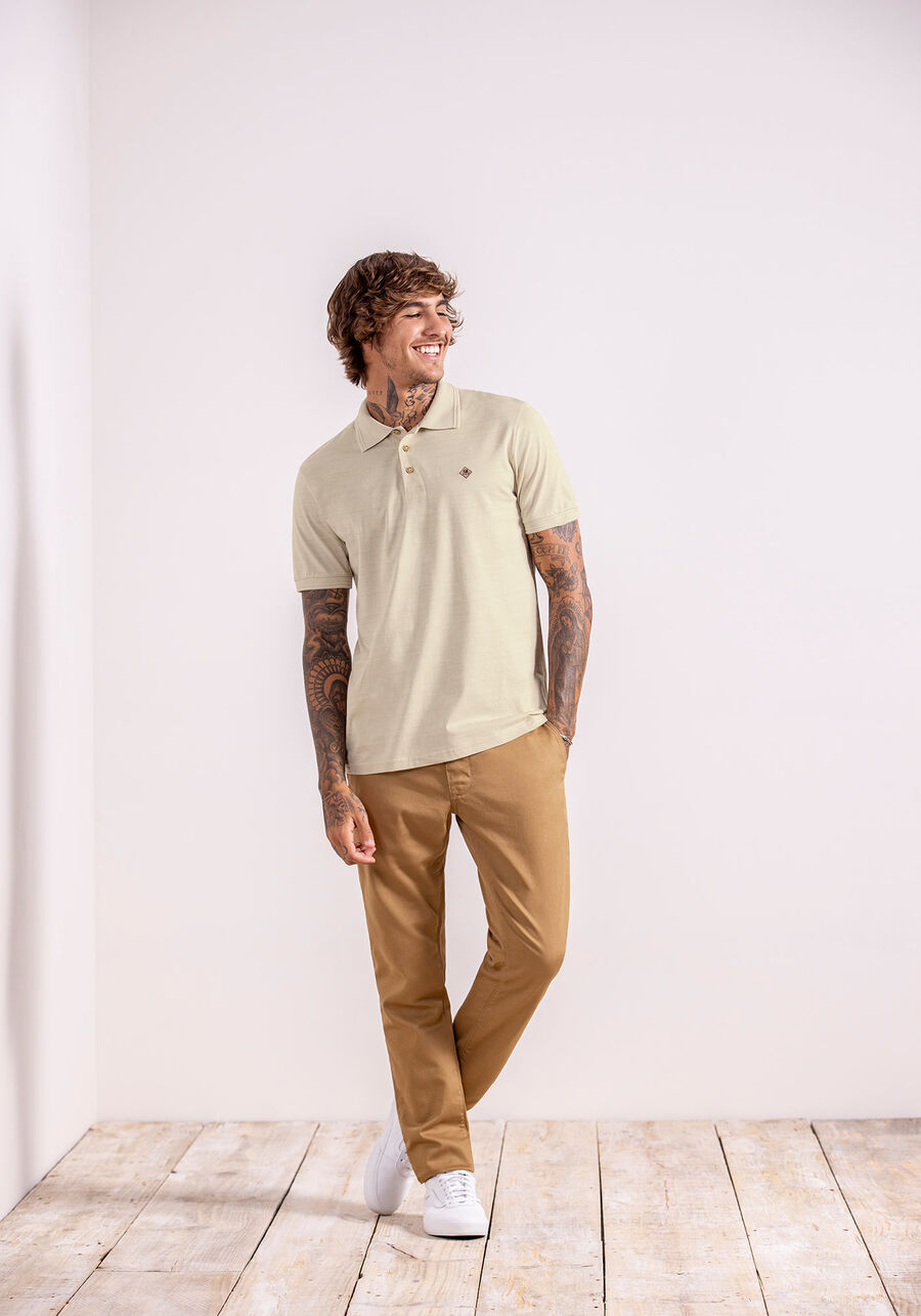 Camisa Polo Masculina em Malha Mesclada com Botões, BEGE SYSTEM. Camisa Polo Masculina em Malha Mesclada com Botões, BEGE SYSTEM, large.