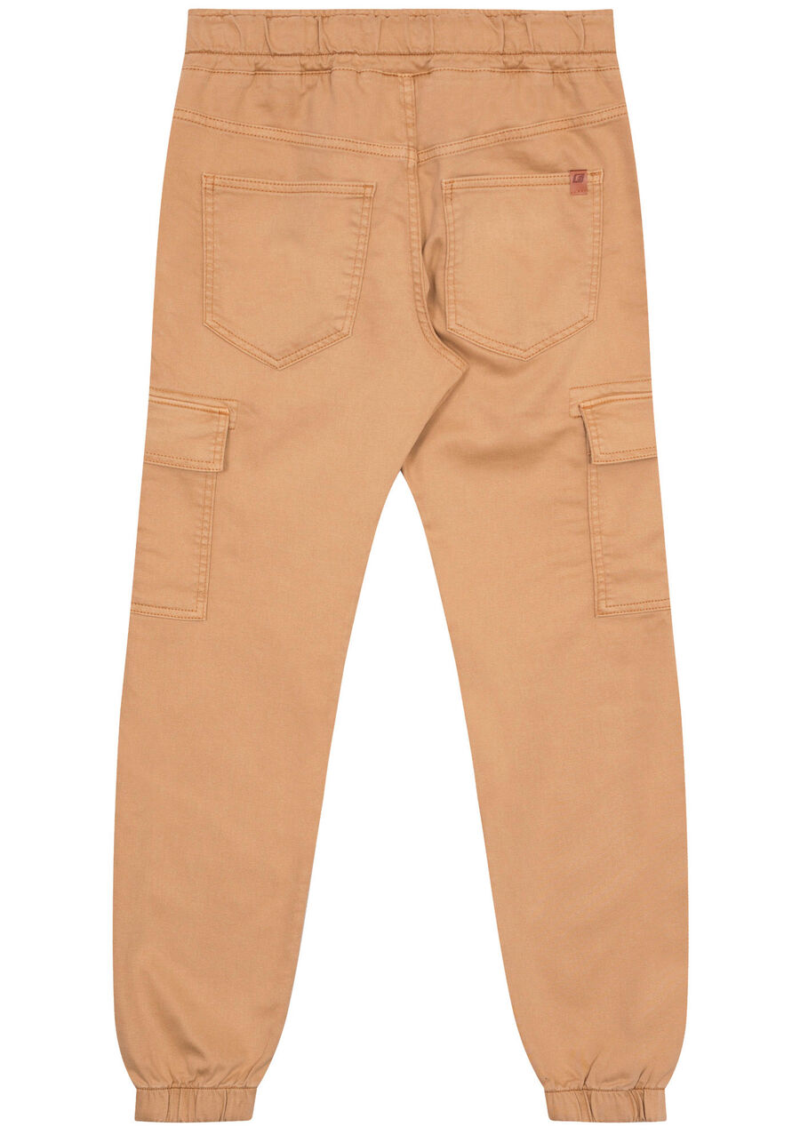Calça Jogging Juvenil Com Bolso Cargo Em Denim Malha, BEGE TIGER. Calça Jogging Juvenil Com Bolso Cargo Em Denim Malha, BEGE TIGER, large.