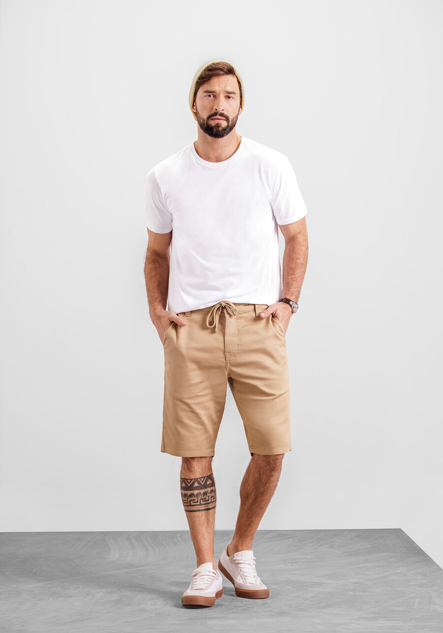 Bermuda Reta Com Cadarço Em Sarja Com Elastano, BEGE SERGE. Bermuda Reta Com Cadarço Em Sarja Com Elastano, BEGE SERGE, large.