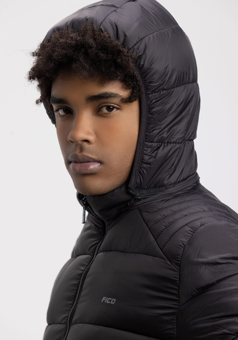 Jaqueta Puffer Com Capuz Removível Em Nylon, PRETO REATIVO. Jaqueta Puffer Com Capuz Removível Em Nylon, PRETO REATIVO, large.