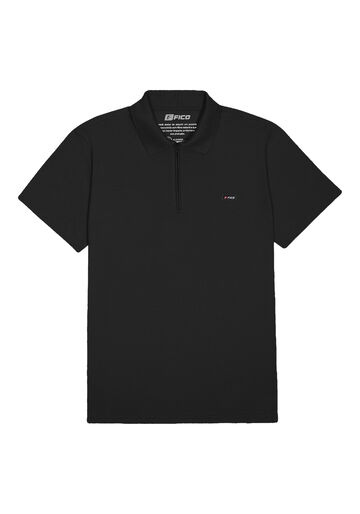 Camisa Polo Com Mangas Curtas E Zíper Em Meia Malha Penteada, PRETO REATIVO. Camisa Polo Com Mangas Curtas E Zíper Em Meia Malha Penteada, PRETO REATIVO, large.