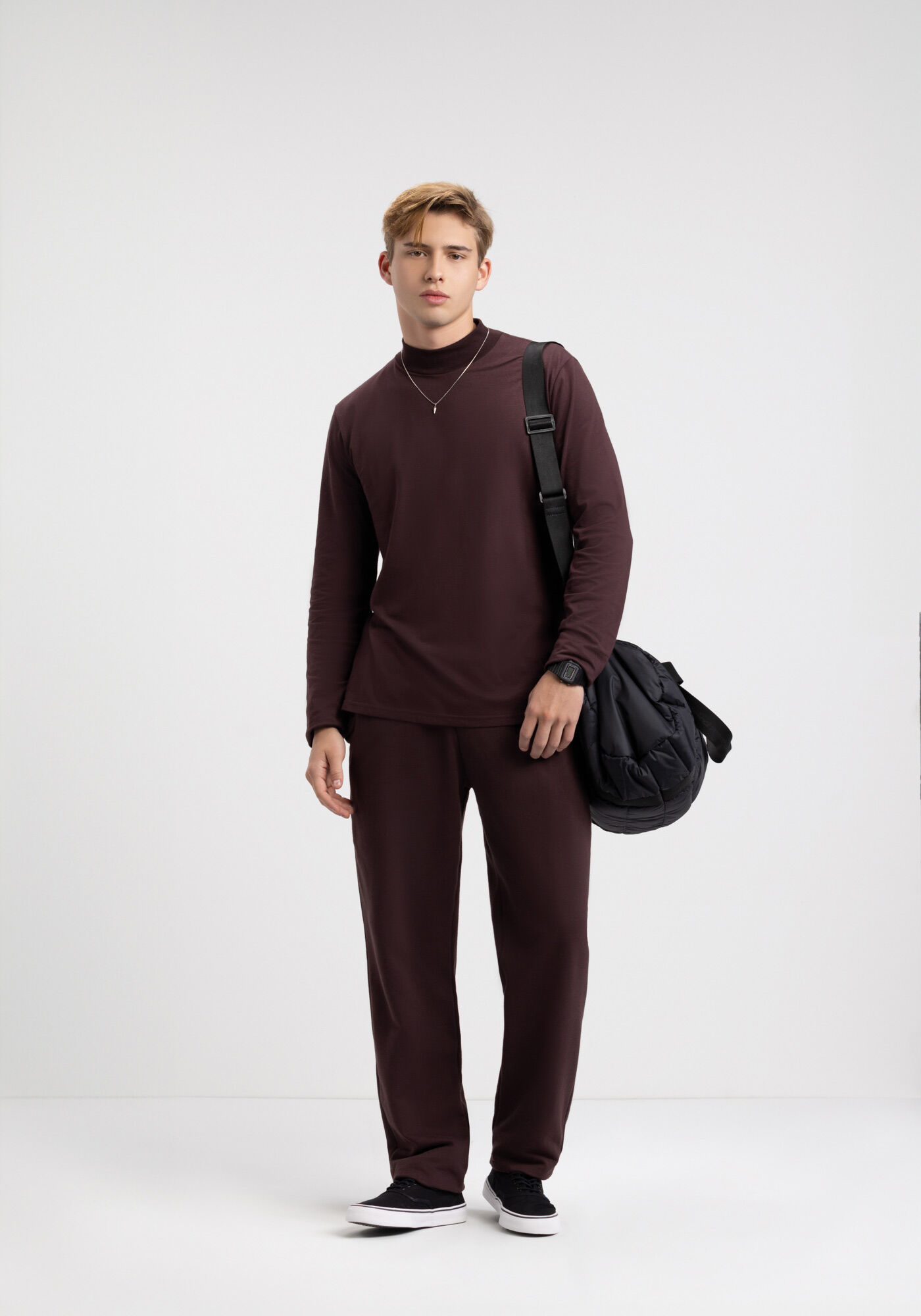 Cal&ccedil;a Slim Com Bolsos Em Moletom Felpado De Algod&atilde;o, MARROM EGGPLANT, large.