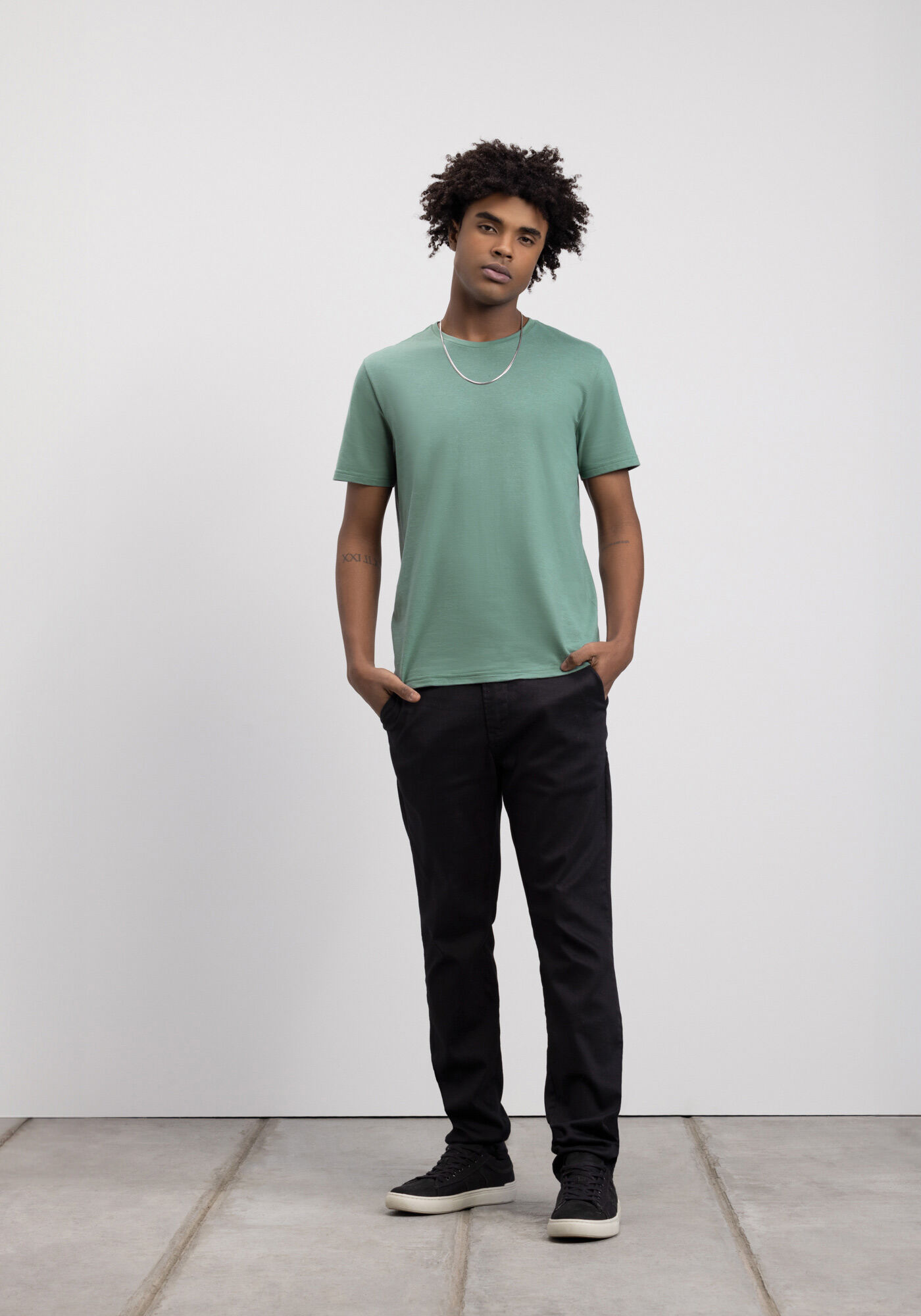 Camiseta B&aacute;sica De Mangas Curtas Em Malha Flam&ecirc;, VERDE CHIARO, large.