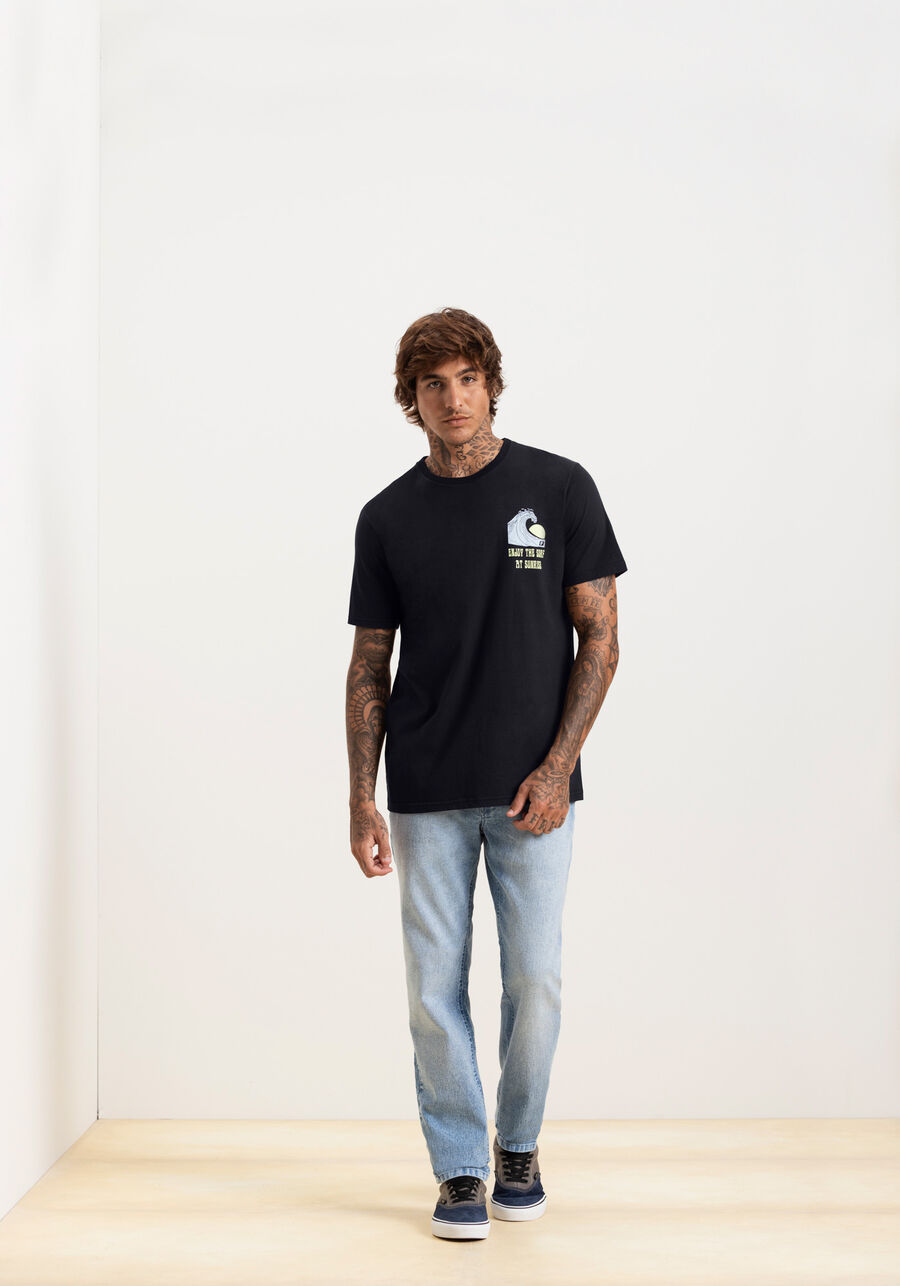 Camiseta Com Estampas Em Meia Malha Penteada De Algodão, PRETO REATIVO. Camiseta Com Estampas Em Meia Malha Penteada De Algodão, PRETO REATIVO, large.