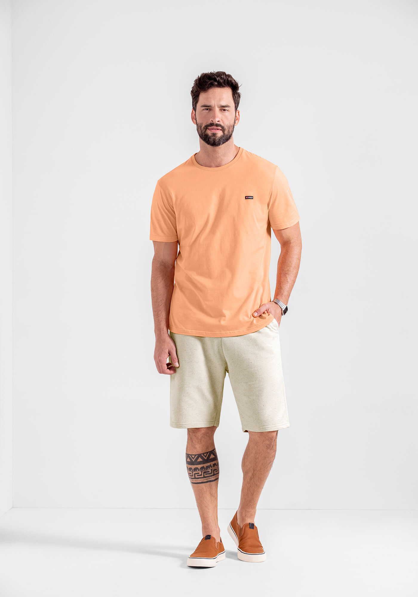 Bermuda Com Bolsos E Cadar&ccedil;o Em Moletom Com Linho, BEGE SYSTEM, large.