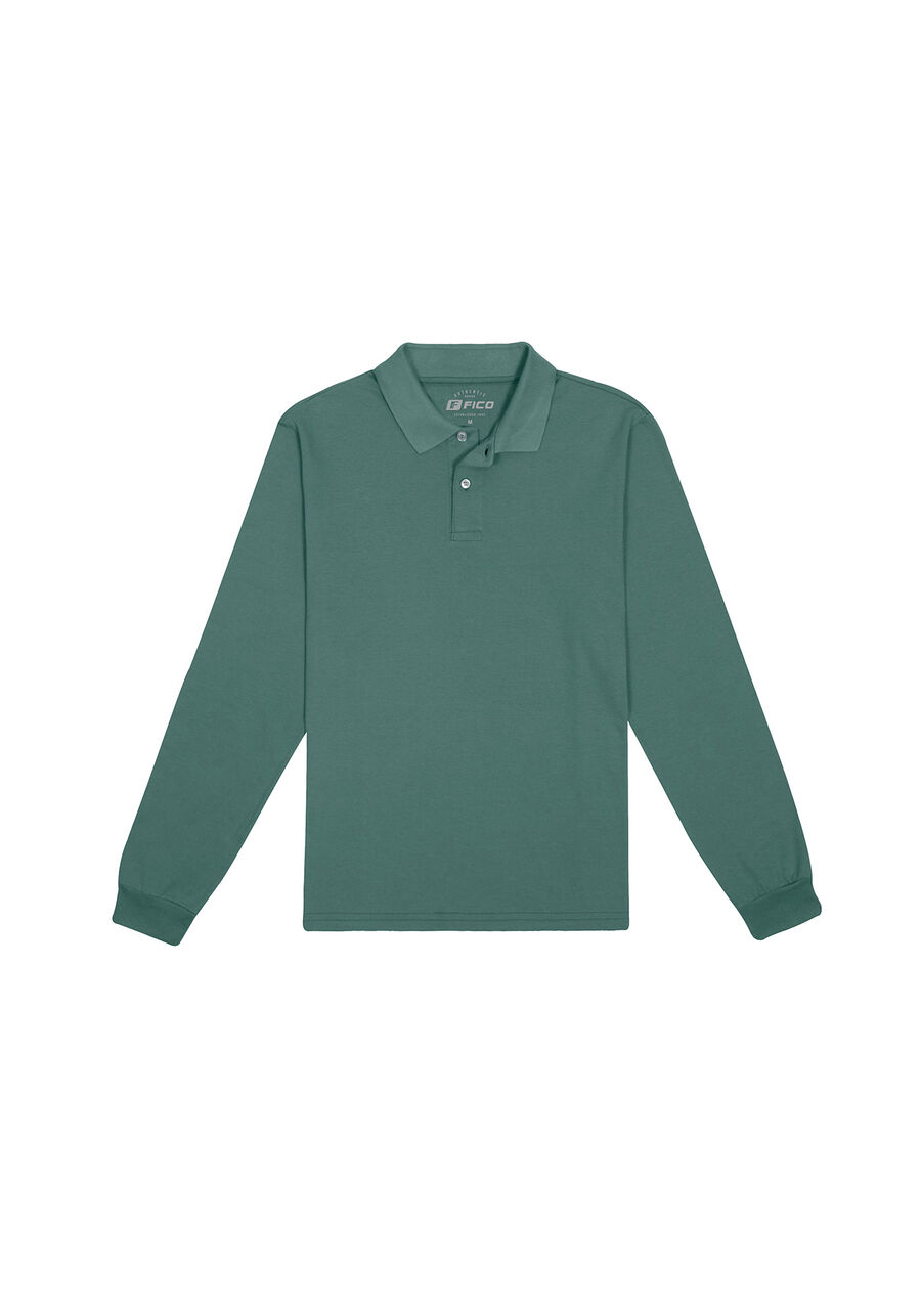 Camisa Polo De Manga Longa Em Meia Malha Penteada De Algodão, VERDE LIVE. Camisa Polo De Manga Longa Em Meia Malha Penteada De Algodão, VERDE LIVE, large.
