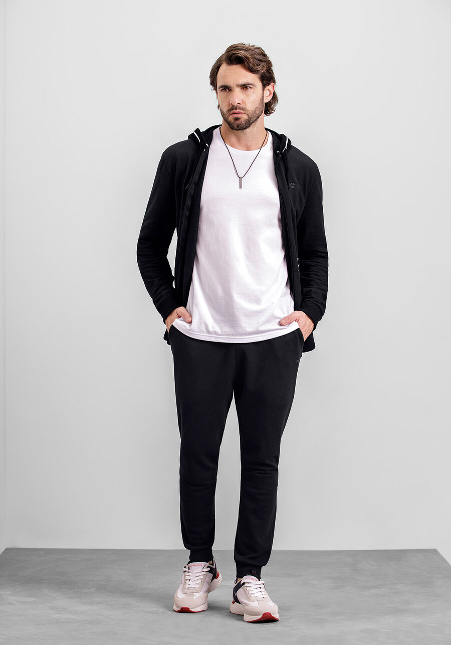 Jaqueta Masculina em Moletom com Retilínea Capuz, PRETO REATIVO. Jaqueta Masculina em Moletom com Retilínea Capuz, PRETO REATIVO, large.